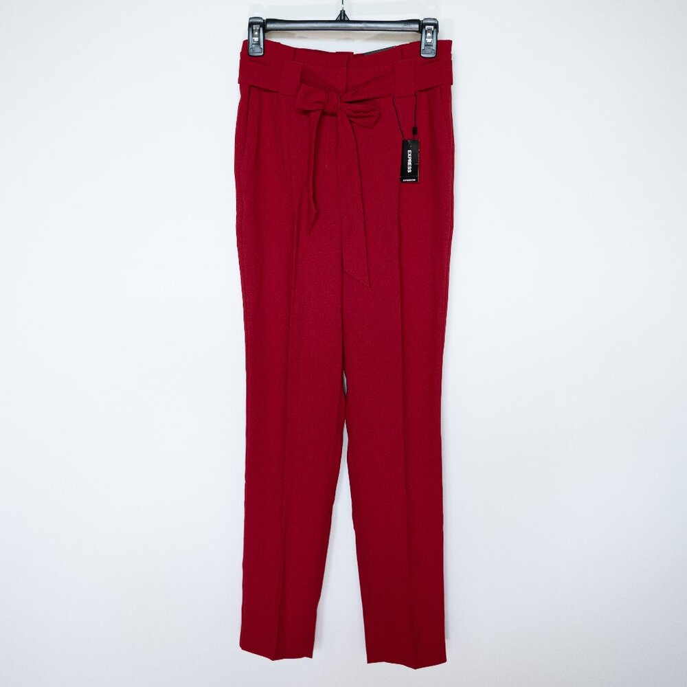 Express Red Ankle Length Paper Bag Dress Pants Slacks with Removable Tie Belt